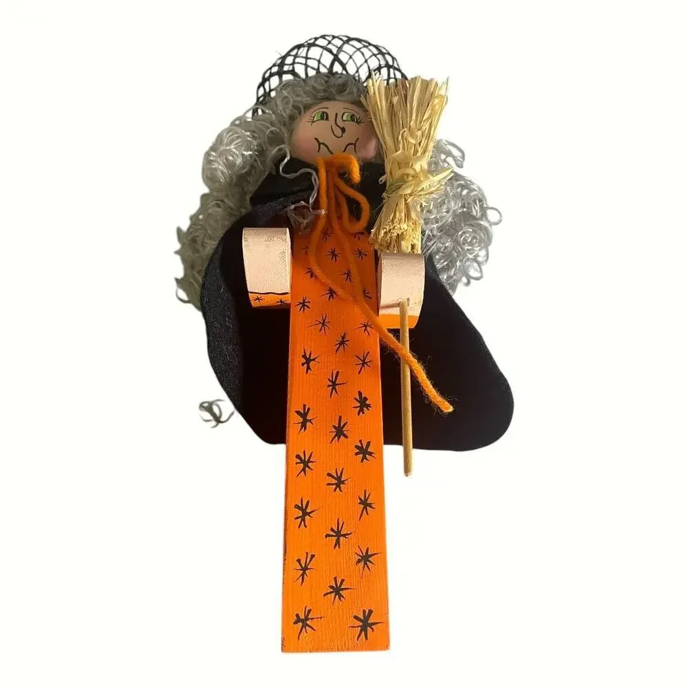Vintage Handmade Wooden Hand Painted Halloween Witch Figure